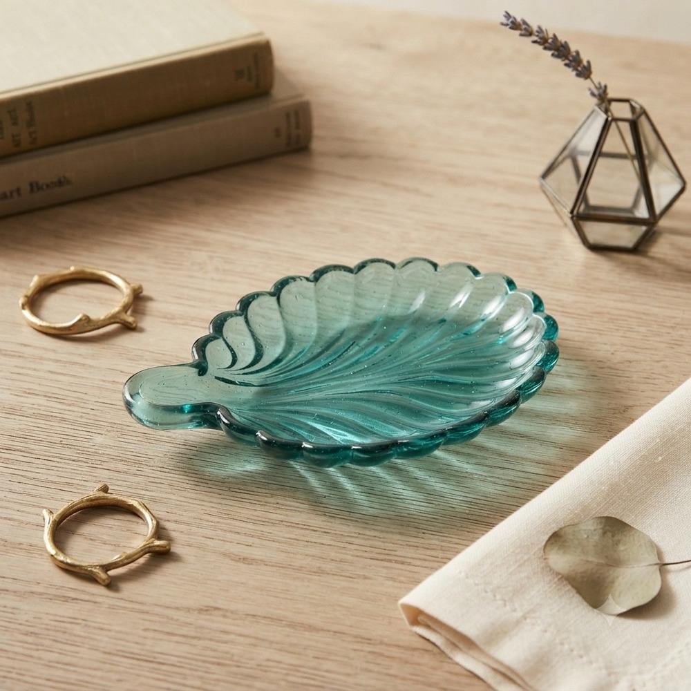 Vintage Aquamarine Glass Leaf Trinket Dish Scalloped Edge Jewelry Tray 5 inch